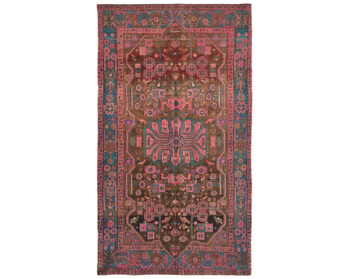 5x10 Vintage Brown Pink Persian Style Hand Knotted Low Pile Wool Area Rug